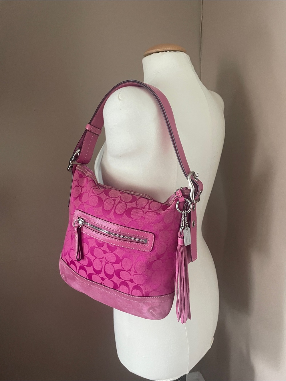 Coach Pink  peony Signature Jacquard Shoulder Bag with Tassel Y2K
